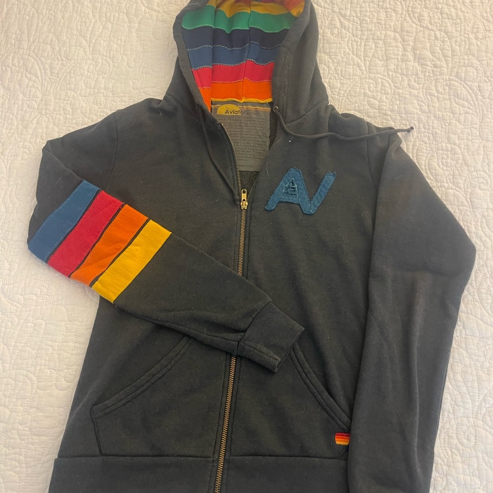 Aviator Nation Signature Rainbow Striped Zip Up Hoodie | Small | Navy